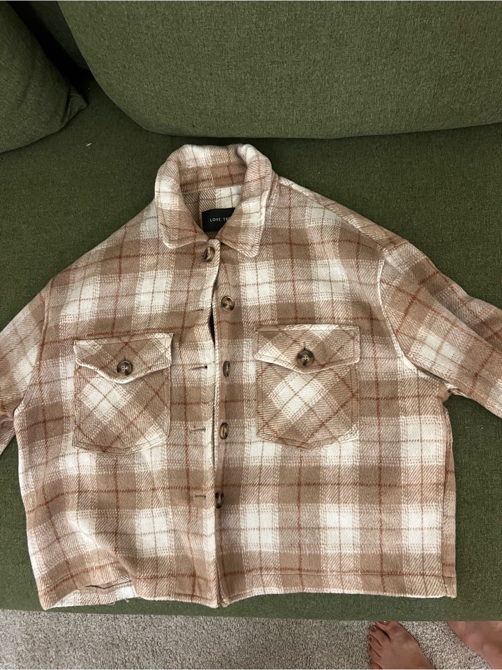 Love Tree Cream and Brown Plaid Button-Up Shacket